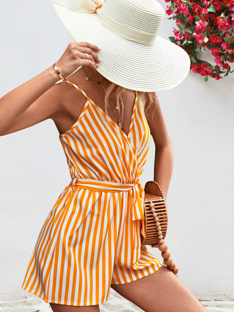 Striped Tie Waist Spaghetti Strap Romper Trendsi