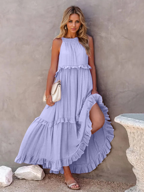 Ruffled Sleeveless Tiered Maxi Dress with Pockets Trendsi