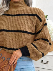 Striped Mock Neck Dropped Shoulder Sweater Trendsi