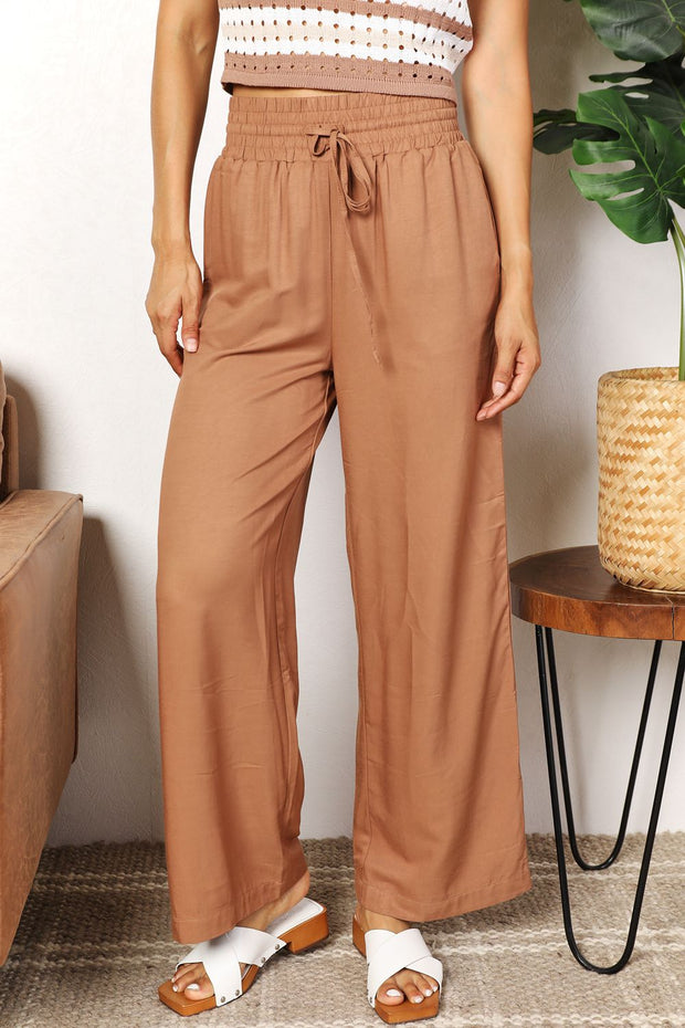 Double Take Drawstring Smocked Waist Wide Leg Pants Trendsi