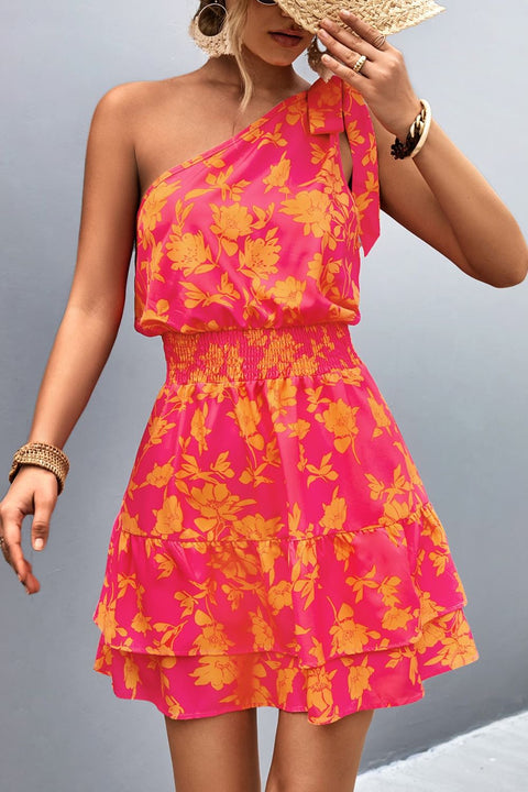 Tied Smocked Printed Single Shoulder Dress Trendsi