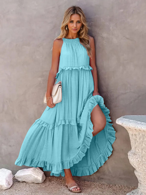 Ruffled Sleeveless Tiered Maxi Dress with Pockets Trendsi