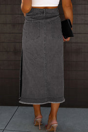 Raw Hem Slit Pocketed Midi Denim Skirt Trendsi