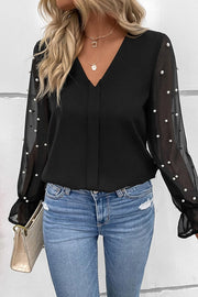 Pearl Detail V-Neck Flounce Sleeve Blouse Trendsi