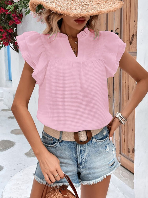 Ruffled Notched Cap Sleeve Blouse Trendsi