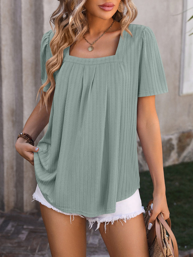 Ruched Square Neck Short Sleeve Blouse