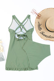 One Piece Tie Back Sleeveless Swim Dress and Bottoms Set