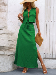 Tied Sleeveless Top and Slit Skirt Set Trendsi