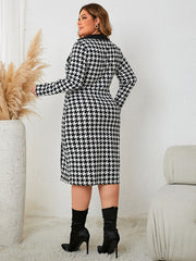 Plus Size Houndstooth Long Sleeve Slit Dress Trendsi