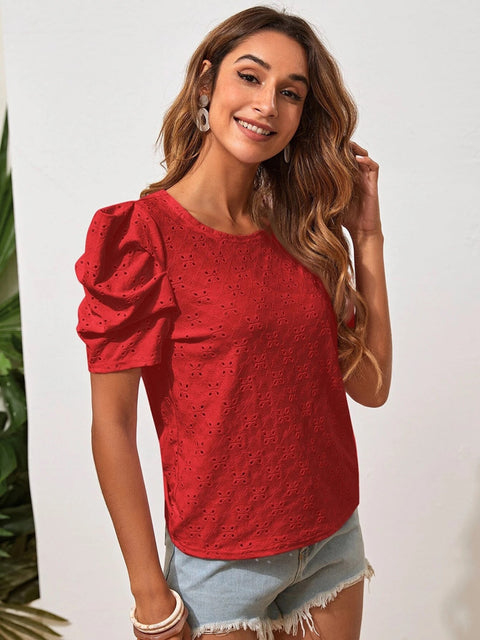 Eyelet Round Neck Puff Sleeve Blouse Trendsi