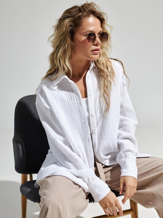 Textured Collared Neck Long Sleeve Shirt Trendsi