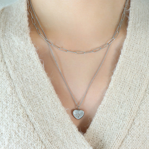 Inlaid Zircon Double Layered Heart Pendant Necklace Trendsi