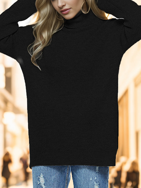 Turtleneck Drop Shoulder Long Sleeve Sweater Trendsi