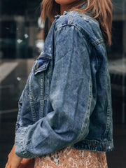 Button Up  Collared Neck Distressed Denim Jacket Trendsi