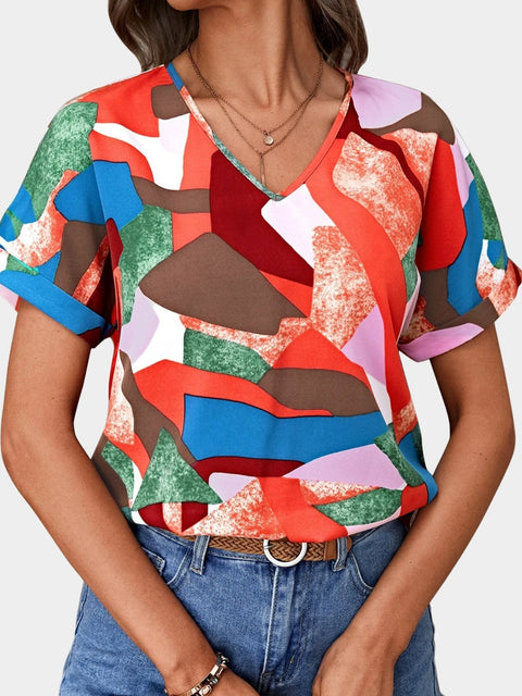 Printed V-Neck Short Sleeve Blouse Trendsi