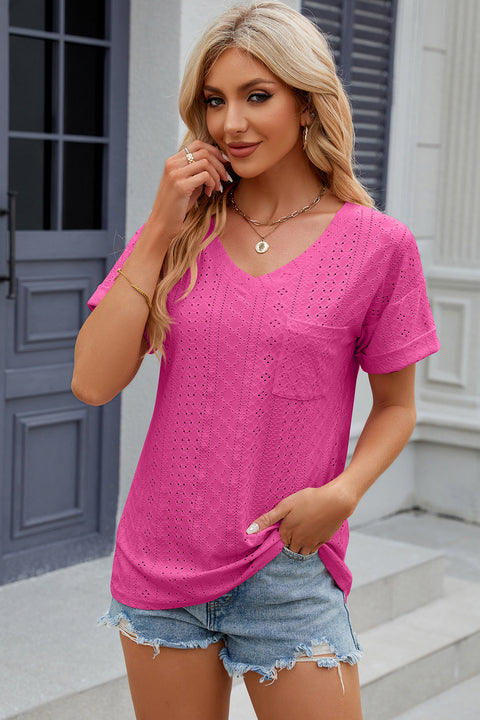 Eyelet V-Neck Short Sleeve T-Shirt Trendsi