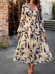 Printed V-Neck Long Sleeve Midi Dress Trendsi