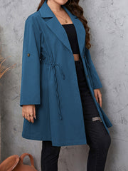 Plus Size Lapel Collar Drawstring Roll-Tab Sleeve Trench Coat