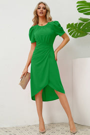 Slit Ruched Round Neck Puff Sleeve Dress