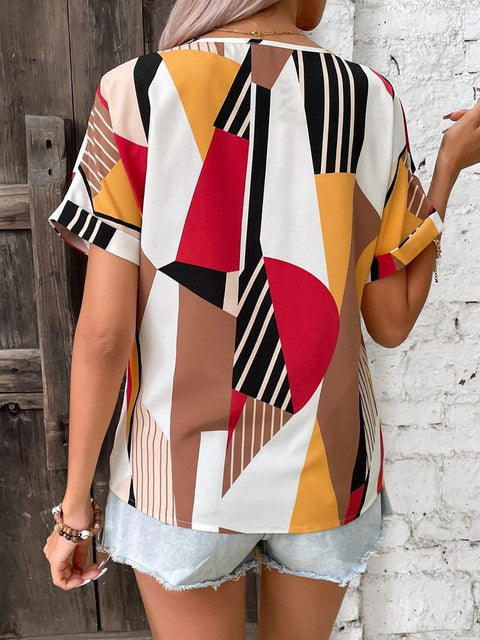 Printed V-Neck Short Sleeve Blouse Trendsi