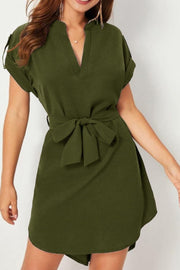 Tied Notched Short Sleeve Dress Trendsi