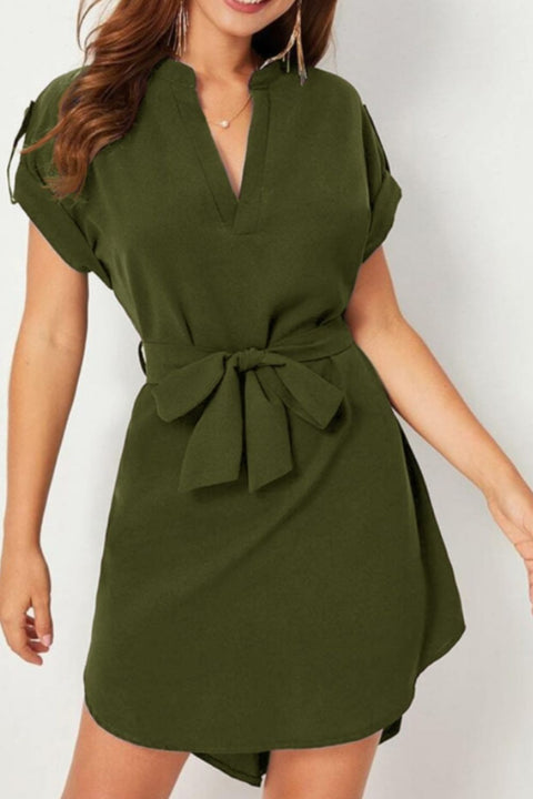 Tied Notched Short Sleeve Dress