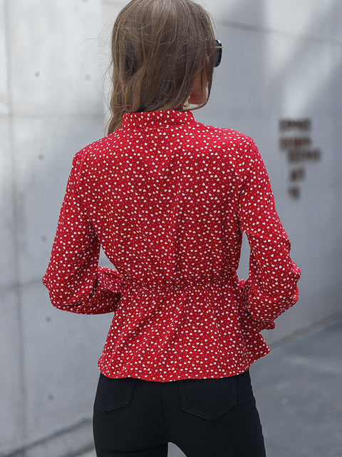 Printed Flounce Sleeve Peplum Blouse