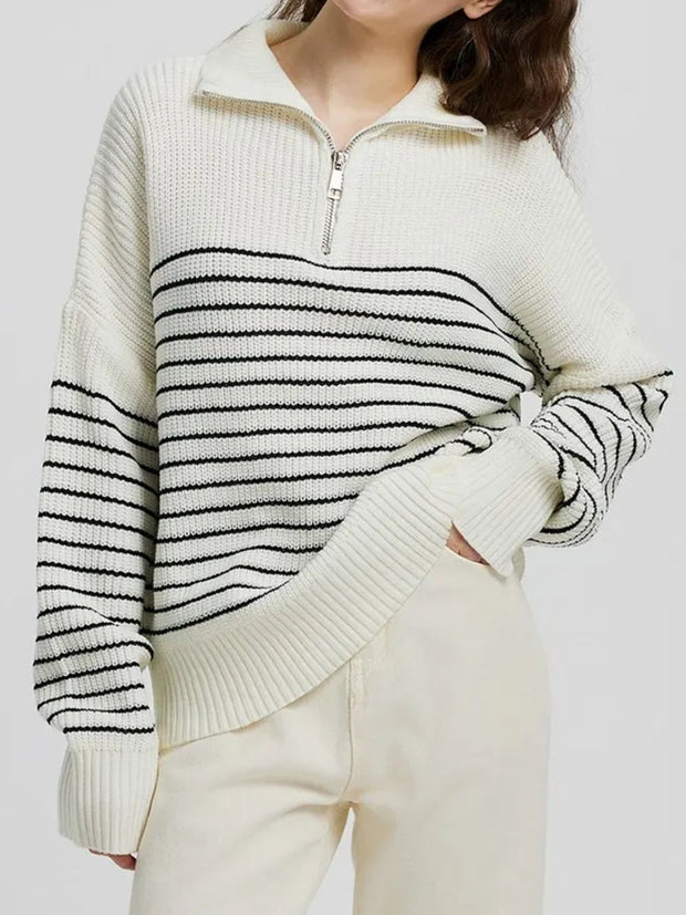 Striped Half Zip Long Sleeve Sweater Trendsi