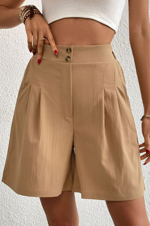 Buttoned Elastic Waist Pleated Detail Shorts Trendsi