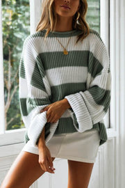 Striped Round Neck Long Sleeve Sweater Trendsi