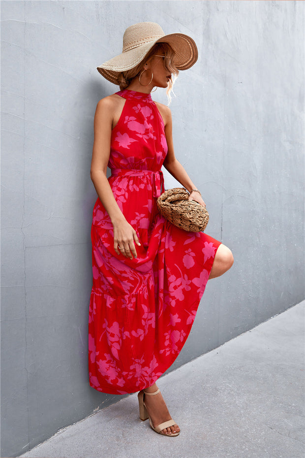 Printed Sleeveless Tie Waist Maxi Dress Trendsi