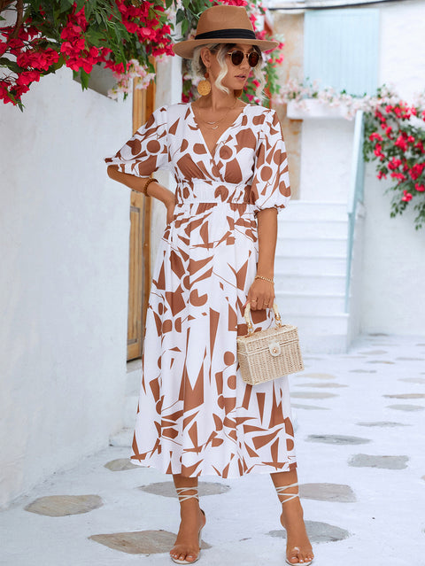 Printed Surplice Balloon Sleeve Dress Trendsi