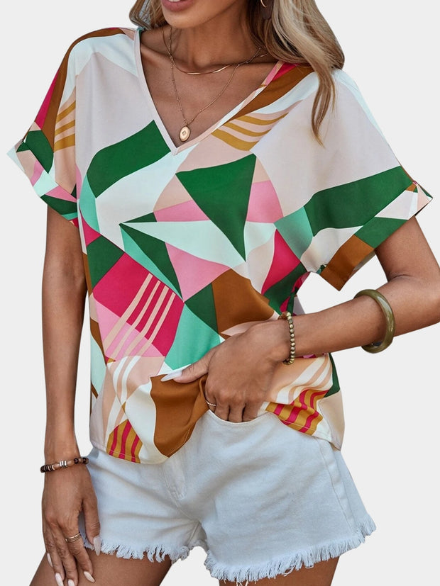 Printed V-Neck Short Sleeve Blouse Trendsi