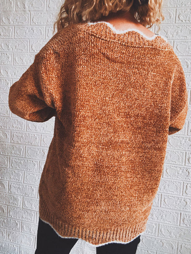 Notched Dropped Shoulder Long Sleeve Sweater Trendsi