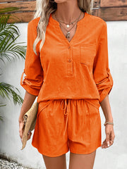 Notched Long Sleeve Top and Shorts Set Trendsi