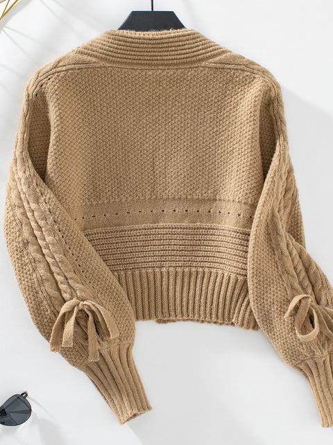 Cable-Knit Tied Open Front Lantern Sleeve Cardigan Trendsi