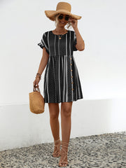 Striped Polka Dot Frill Short Sleeve Mini Dress