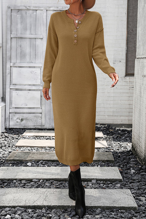 Decorative Button Notched Dropped Shoulder Sweater Dress Trendsi