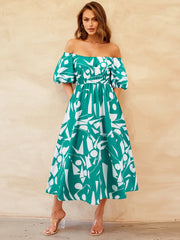 Printed Off-Shoulder Balloon Sleeve Dress Trendsi