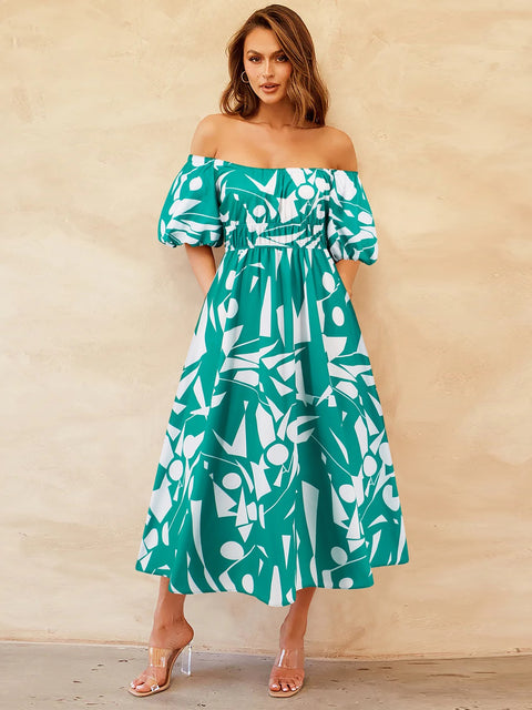 Printed Off-Shoulder Balloon Sleeve Dress Trendsi