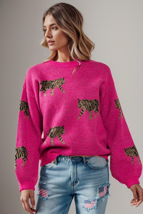 Tiger Pattern Round Neck Drop Shoulder Sweater Trendsi