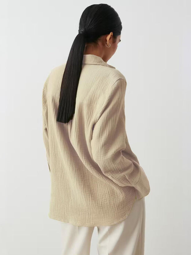 Textured Collared Neck Long Sleeve Shirt Trendsi