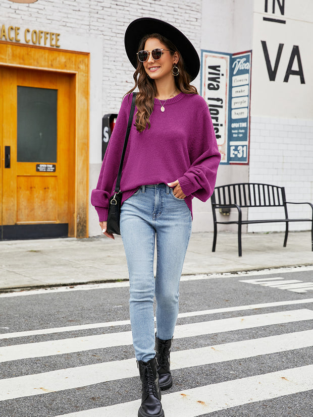 Round Neck Ribbed Trim Sweater Trendsi