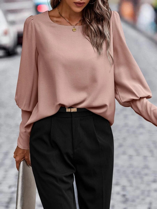 Round Neck Lantern Sleeve Blouse Trendsi