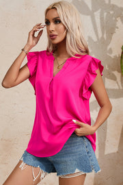 Ruffled Notched Cap Sleeve Blouse Trendsi