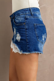 Spliced Lace Distressed Denim Shorts Trendsi