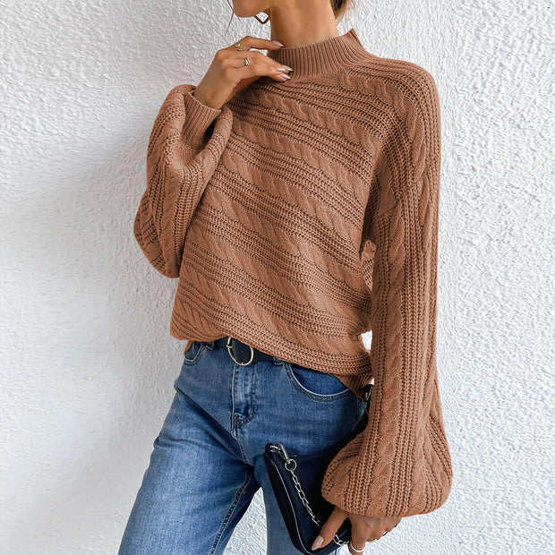 Cable-Knit Mock Neck  Long Sleeve Sweater Trendsi