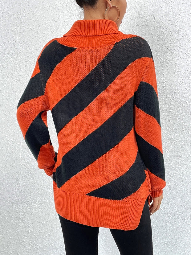 Striped Turtleneck Dropped Shoulder Sweater Trendsi