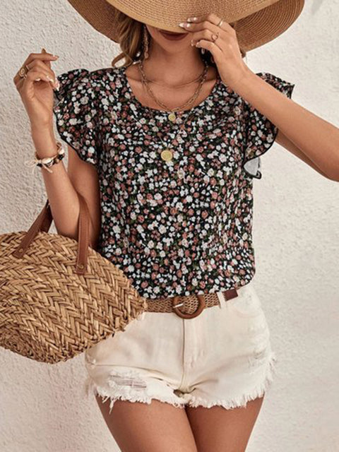 Ditsy Floral Round Neck Cap Sleeve Top Trendsi