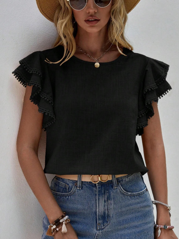 Ruffled Cap Sleeve Round Neck Blouse Trendsi